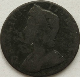 HALFPENCE 1734  GEORGE II 4 OVER 3 SCARCE NF