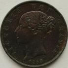 HALFPENCE 1853  VICTORIA 3 OVER 2 RARE GVF