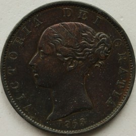 HALFPENCE 1853  VICTORIA 3 OVER 2 RARE GVF