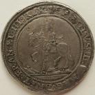 CHARLES I 1642  CHARLES I HALF POUND SHREWSBURY HORSEMAN. NO CANNON IN ARMS. SHREWSBURY MINT. NO PLUME IN OBVERSE FIELD. MM PLUME/PELLETS GVF