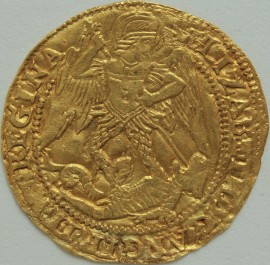 HAMMERED GOLD 1590 -1592 ELIZABETH I ANGEL. 6TH ISSUE. BEADED INNER CIRCLES. ST.MICHAEL SLAYING THE DRAGON. REVERSE SHIP BEARING SHIELD. CROSS ABOVE E AND ROSE ABOVE. MM HAND  NVF/VF