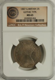 FLORINS 1887  VICTORIA YOUNG HEAD GOTHIC TYPE RARE NGC SLABBED  MS63