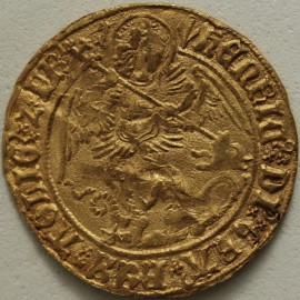 HAMMERED GOLD 1505 -1509 HENRY VII ANGEL. CLASS V. CROOK SHAPED ABBREVIATION AFTER HENRIC. MM PHEON. FULL FLAN.  GVF