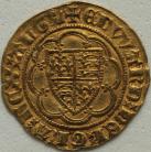 HAMMERED GOLD 1356 -1361 EDWARD III QUARTER NOBLE. 4TH COINAGE. PRE-TREATY PERIOD. SERIES G. LONDON SQUARE TOPPED SHIELD IN DOUBLE TRESSURE. MM CROSS PATTEE NEF