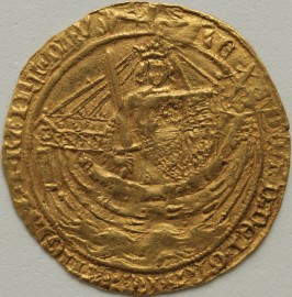 HAMMERED GOLD 1356 -1361 EDWARD III NOBLE. 4TH COINAGE. PRE-TREATY PERIOD. SERIES G. MM CROSS 5. KING WITH SWORD AND SHIELD STANDING IN SHIP  NVF