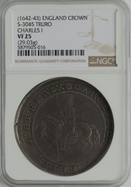 CROWNS 1642 -1643 CHARLES I TRURO MINT KING ON HORSEBACK SASH FLIES OUT IN TWO ENDS REVERSE ROUND GARNISHED SHIELD MM ROSE S3045 NGC SLABBED  VF25