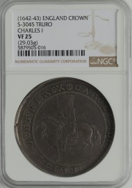 CHARLES I 1642 -1643 CHARLES I CROWN TRURO MINT KING ON HORSEBACK SASH FLIES OUT IN TWO ENDS REVERSE ROUND GARNISHED SHIELD MM ROSE NGC SLABBED  VF25