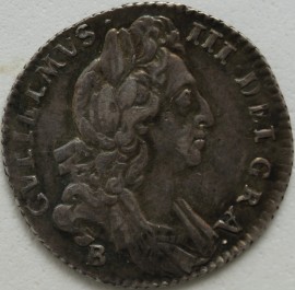 SIXPENCES 1696 B WILLIAM III BRISTOL. 1ST BUST. EARLY HARP. I OVER E IN GVLIELMVS. UNRECORDED GVF