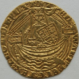 HAMMERED GOLD 1361 -1369 EDWARD III HALF NOBLE. TREATY PERIOD. ANNULET BEFORE EDWARD. DOUBLE SALTIRE STOPS. MM CROSS POTENT GVF/VF