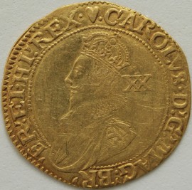 HAMMERED GOLD 1629 -1630 CHARLES I UNITE. GROUP B. TOWER MINT. ELONGATED BUST DIVIDING LEGEND. KING WITH RUFF. REVERSE SQUARE TOPPED SHIELD. MM HEART GVF