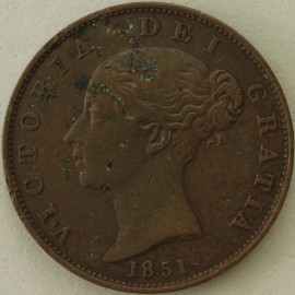 HALFPENCE 1851  VICTORIA DOTS ON SHIELD - PITTED GVF