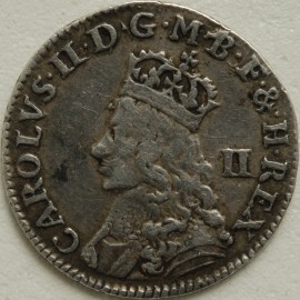 CHARLES II 1660 -1662 CHARLES II TWOPENCE. 2ND ISSUE. MACHINE MADE. MM CROWN. DIE FLAW ON REVERSE VF