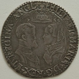 PHILIP & MARY 1555  PHILIP & MARY SHILLING. ENGLISH TITLES ONLY. CROWN DIVIDING DATE ABOVE FACING BUSTS. WITH MARK OF VALUE. A SUPERB EXAMPLE WITH EXCELLENT PORTRAIT NEF