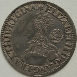 ELIZABETH I 1562  ELIZABETH I SIXPENCE. MILLED COINAGE. TALL NARROW BUST WEARING PLAIN BOIDICE. LARGE ROSE BEHIND. REVERSE. SQUARE TOPPED SHIELD. MM STAR GVF