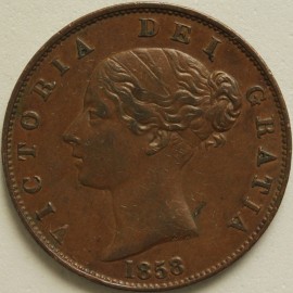 HALFPENCE 1858  VICTORIA 8 OVER 7 GVF