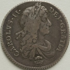 SHILLINGS 1679  CHARLES II PLUME BELOW AND IN CENTRE OF REVERSE VERY RARE GF/NVF