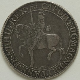 CHARLES I 1638 -1639 CHARLES I HALFCROWN NICHOLAS BRIOTS 2ND MILLED ISSUE KING ON HORSEBACK HOLDING SWORD MM ANCHOR AND 'B' BOTH SIDES  NVF/VF