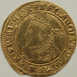HAMMERED GOLD 1625 -1649 CHARLES I UNITE. TOWER MINT. 1ST BUST IN CORONATION ROBES. DOUBLE ARCHED CROWN. MM LIS GVF