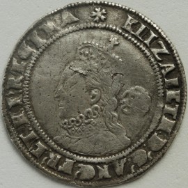 ELIZABETH I 1575  ELIZABETH I SIXPENCE. LARGER BUST WITH ROSE AND DATE. MM EGLANTINE NVF