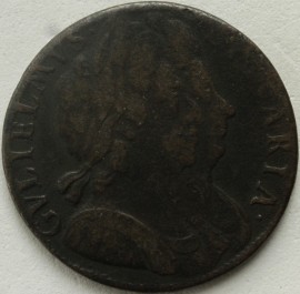 HALFPENCE 1695  WILLIAM III UNBARRED A IN BRITANNIA WEAK DATE F