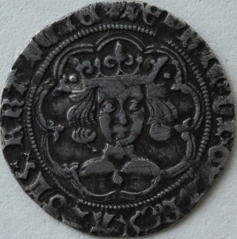 HENRY VI 1445 -1454 HENRY VI GROAT. LEAF-PELLET ISSUE. LONDON. LEAF ON BREAST. PELLETS ON REV. mm CROSS III b NVF 