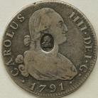 HALF CROWNS 1791  GEORGE III 4 REALES. MADRID OVAL. COUNTERMARK NVF