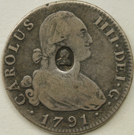 HALF CROWNS 1791  GEORGE III 4 REALES. MADRID OVAL. COUNTERMARK NVF