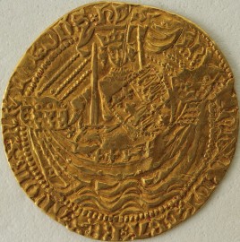 HAMMERED GOLD 1412 -1422 HENRY V NOBLE CLASS C. MULLET BY SWORD ARM. ANNULET ON RUDDER. H IN CENTRE OF REVERSE MM PIERCED CROSS  (TINY HAIR LINE CRACK IN FLAN) GVF