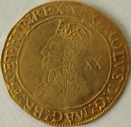 HAMMERED GOLD 1635 -1636 CHARLES I UNITE. GROUP D. BUST 5. KING WITH FALLING LACE COLLAR. REVERSE CROWNED OVAL SHIELD WITH 