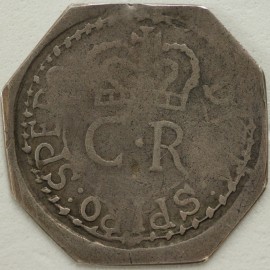 CHARLES I 1648  CHARLES I SHILLING. PONTEFRACT  BESIEGED. OCTAGONAL SHAPE. DVM: SPIRO: SPERO AROUND CROWNED CR. REVERSE. CASTLE SURROUNDED BY OBS. PC AND SWORD. DATE BELOW. VERY RARE NF