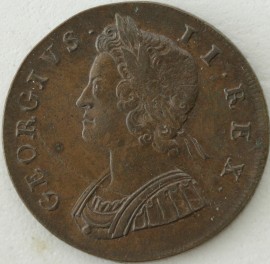 HALFPENCE 1730  GEORGE II SCARCE. DIE FLAW ON OBVERSE NEF