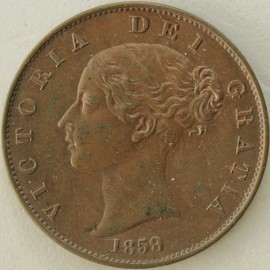 HALFPENCE 1859  VICTORIA 9 OVER 8 SCARCE UNC T