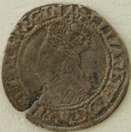 ELIZABETH I 1560 -1561 ELIZABETH I HALFGROAT. 2ND ISSUE. WITHOUT ROSE OR DATE. MM. MARTLET. FLAN CRACK NVF