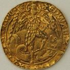 HAMMERED GOLD 1471 -1483 EDWARD IV EDWARD IV. ANGEL. 2ND REIGN. LONDON. ST MICHAEL SLAYING THE DRAGON. REV. SHIP BEARING SHIELD.CROSS ABOVE BISECTING E AND ROSE MM CINQUEFOIL NVF