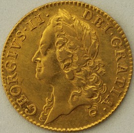 GUINEAS 1746  GEORGE II GEORGE II INTERMEDIATE HEAD. S3678A. RARE. GVF