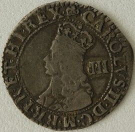 CHARLES II 1660 -1662 CHARLES II THREEPENCE. 3RD ISSUE. CROWNED BUST WITH INNER CIRCLE AND MARK OF VALUE MM CROWN. GF