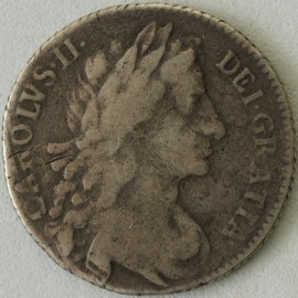 SHILLINGS 1683  CHARLES II 4TH BUST. 7 STRINGS TO HARP. UNRECORDED VARIETY. F/NF