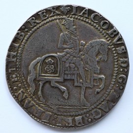 JAMES I 1624  JAMES I CROWN 3rd coinage king on horseback. grass ground line below. plume over shield mm trefoil over lis both sides  GVF