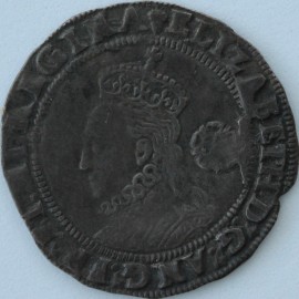 ELIZABETH I 1573  ELIZABETH I SIXPENCE. 3rd issue. Larger bust with rose and date. MM acorn.  GVF