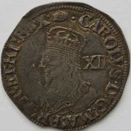 CHARLES I 1636 -1638 CHARLES I SHILLING TOWER MINT BUST 3A NO INNER CIRCLES REV ROUND GARNISHED SHIELD MM TUN  GVF