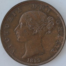 HALFPENCE 1853  VICTORIA 3 OVER 2 VERY SCARCE UNC T