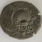 CELTIC 75BC -50BC ARMORICAN BILLON STATER. HEAD OF APOLLO. ANCHOR SHAPED NOSE. REVERSE. HORSE WITH BOAR BELOW GVF